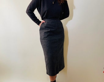 vintage pure wool grey pencil skirt, office form fitted midi skirt