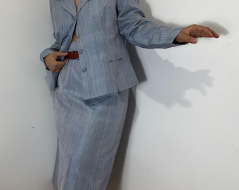 Completo gonna e gonna in seta vintage fatto a mano / Set di 2 pezzi in seta / Completo sartoriale a righe blu taglia L
