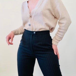 vintage extrafine wool dark grey striped pants, wool high waisted trousers, office pants