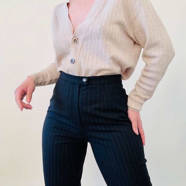 vintage extrafine wool dark grey striped pants, wool high waisted trousers, office pants