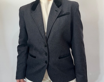 Vintage donkergrijze kasjmierwollen blazer – getailleerd minimalistisch damesjack – maat S