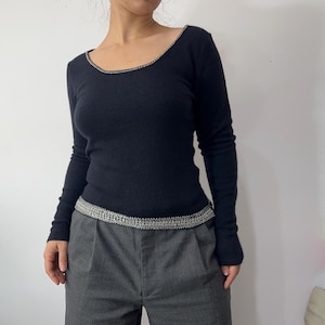 Vintage Fine Wool Black Sweater with Rhinestone Trim – Size S