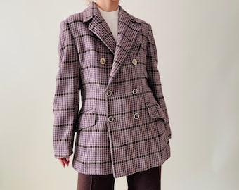 vintage 100% wool purple plaid coat, double breasted short coat, masculine style