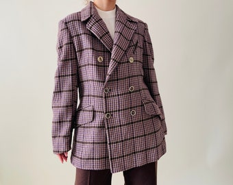 vintage 100% wool purple plaid coat, double breasted short coat, masculine style