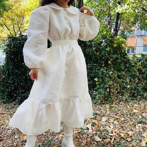Linen cotton cottage core cream dress, puff sleeve midi dress/ cream linen dress image 5