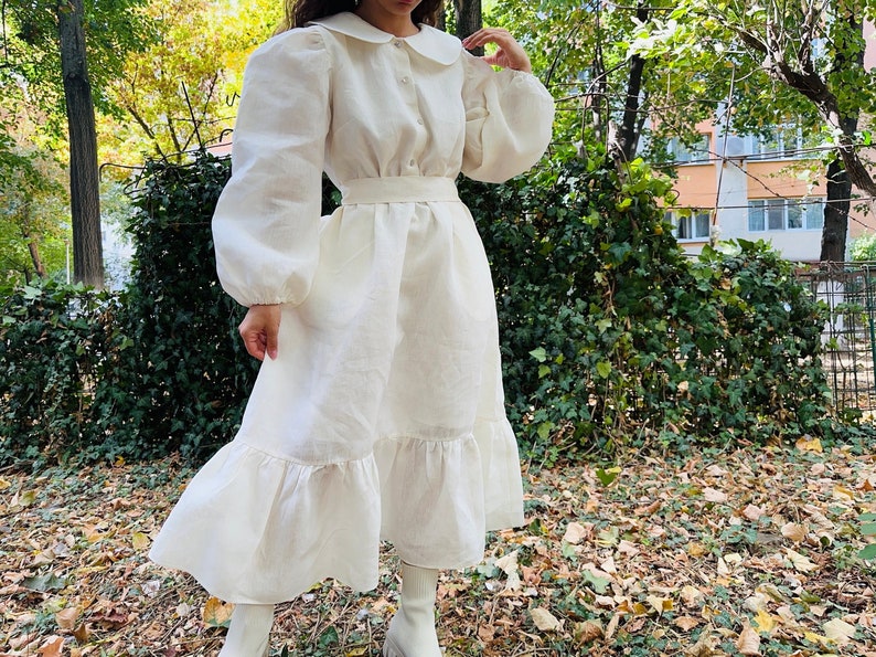 Linen cotton cottage core cream dress, puff sleeve midi dress/ cream linen dress image 5