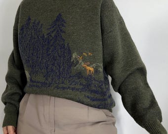 Maglione vintage in lana taglia L, con motivo paesaggio forestale, pullover oversize e spesso, maglione in lana minimalista in stile nordico.