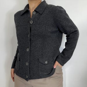 Vintage Lambswool Knit Jacket S-M, Dark Grey Wool Cardigan Jacket, Minimalist Preppy Button Up Sweater