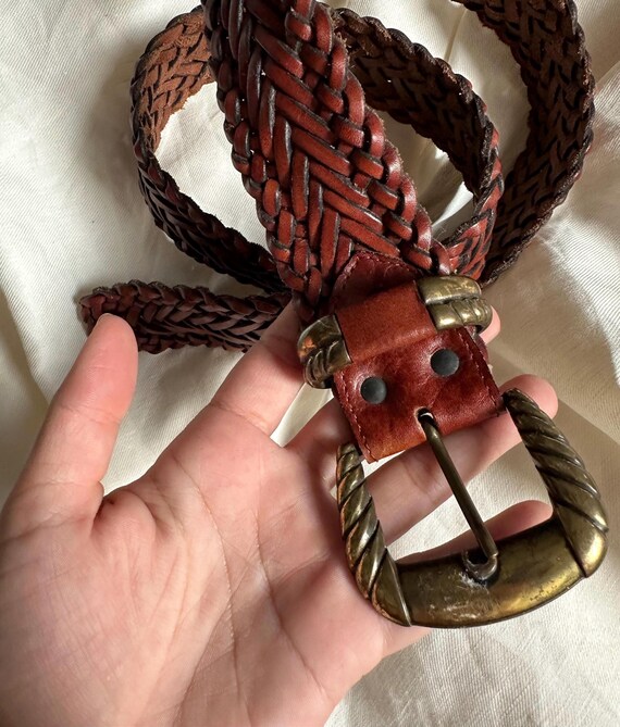 Vintage Braided Brown Leather Belt With Chunky Bronze Buckle 