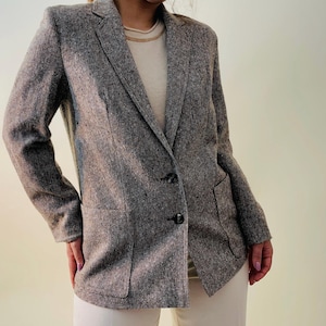 Vintage brown tweed wool blazer - angora blend - preppy  tailored jacket - XS petite