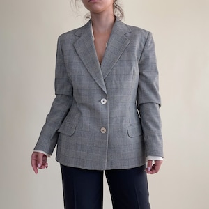 Vintage wool black and white plaid blazer, single breasted wool blend jacket, minimalist checked blazer, women’s size S
