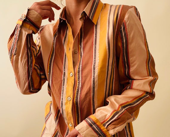 Vintage Etro pure silk striped yellow blouse, but… - image 3