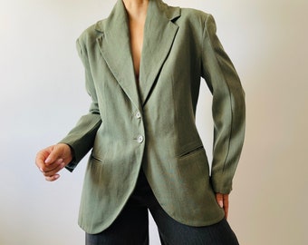 blazer vintage en laine fine vert à poitrine unique