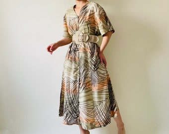 vintage button up midi dress with safari pattern