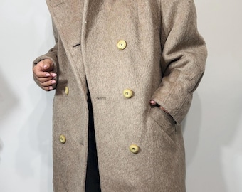 Vintage Llama Wool Coat L | Taupe Brushed Wool Double Breasted Coat | Oversized Winter Coat