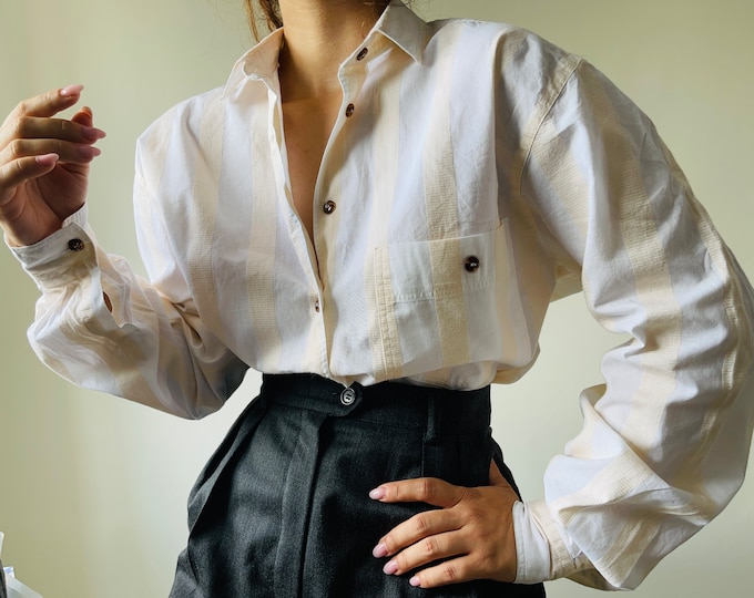 Vintage Cotton Button Down White & Beige Striped Blouse - Etsy