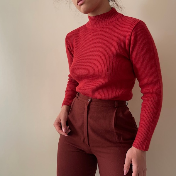 vintage fine wool mix red ribbed sweater l, wool jumper