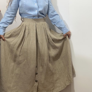 Vintage beige linen midi skirt – heavy natural flax – pleated full skirt – size M