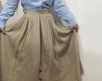 Vintage beige linen midi skirt – heavy natural flax – pleated full skirt – size M
