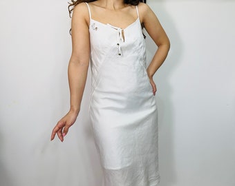 pure ramie white slip dress, midi white simple linen dress