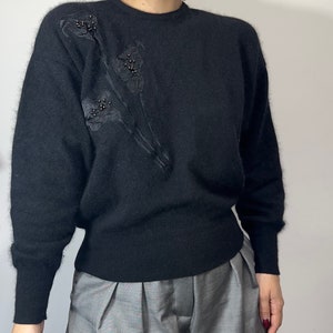 Vintage fuzzy angora sweater / black wool jumper with bead applique – size XS-S