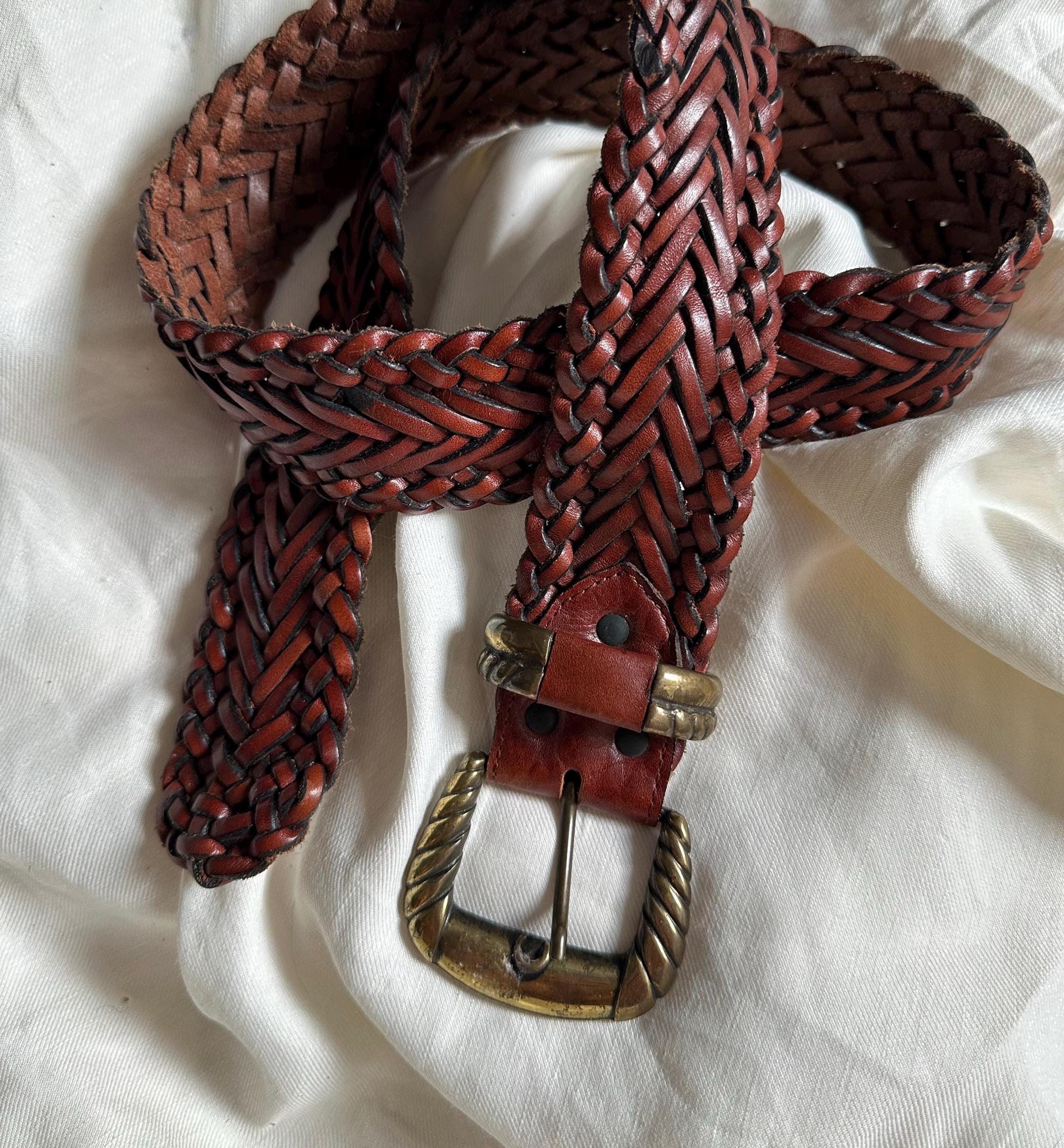 Vintage Braided Brown Leather Belt With Chunky Bronze Buckle  display picture 3