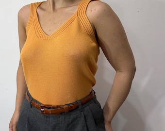 Vintage Italian Cashmere Tank Top – Ribbed V-Neck Knit in Golden Ochre Size M