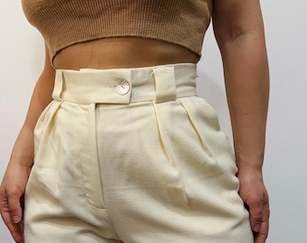 Straight-Leg Wool Trousers – High-Waisted Pleated Pants – Cream, Green Herringbone, Navy, Black or Grey – Made to Order
