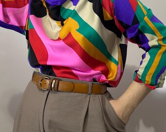 Vintage Colorful Silk Blouse | Abstract Print Draped Neck Top | 80s Statement Shirt S-M