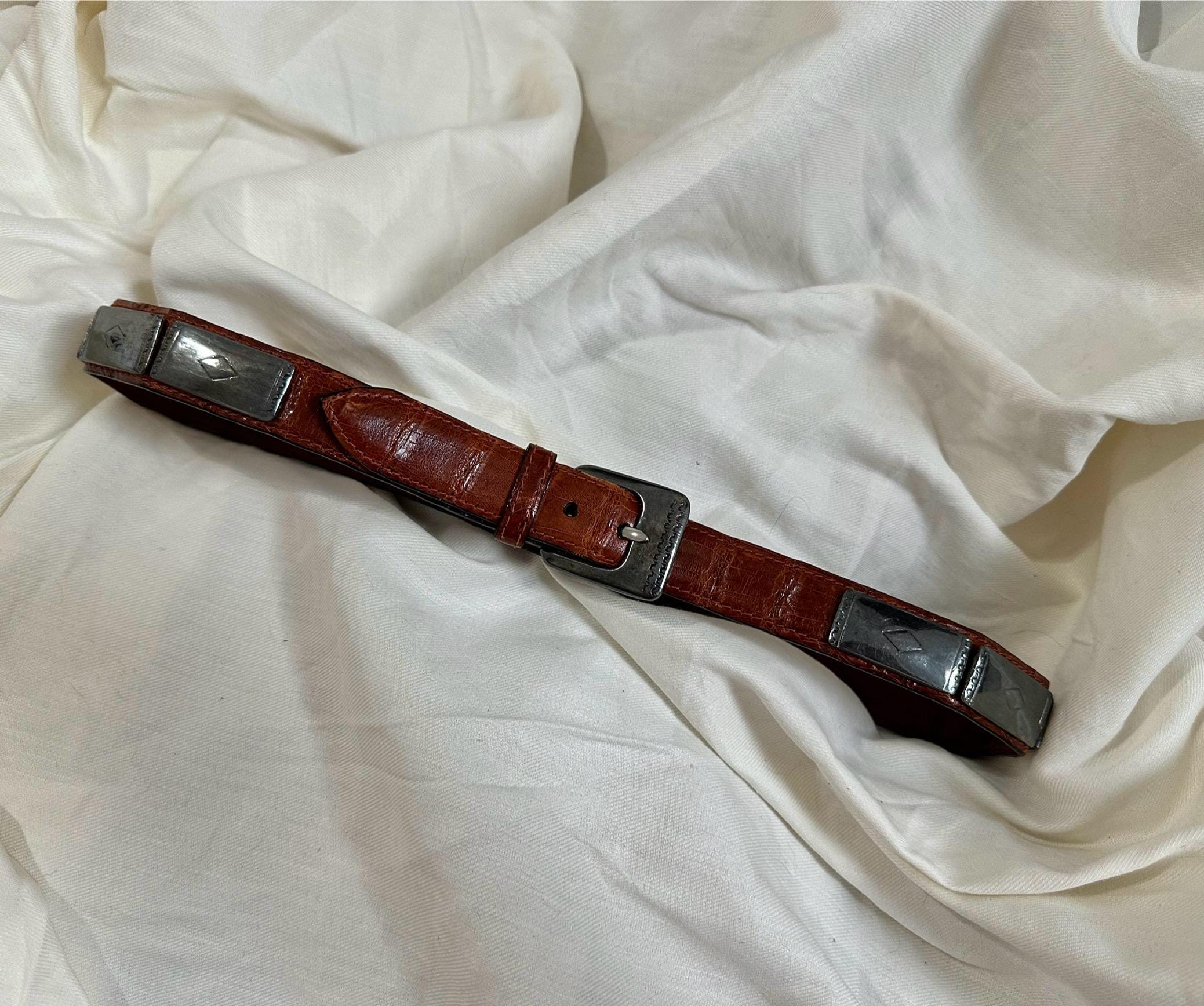 Vintage Brown Croc-embossed Leather Belt With Silver-tone  display picture 1