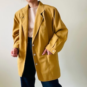 Vintage mustard yellow oversized blazer – fine wool blend – long jacket – size L-XL