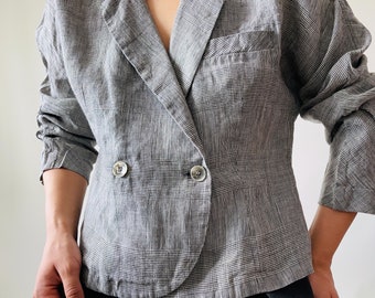 vintage pure linen plaid double breasted shirt jacket, linen blouse