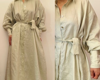 linen cotton cream oversized long shirt dress