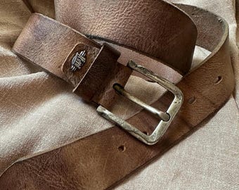 Vintage brown leather belt with antique silver buckle – classic wide waist belt, size M-L