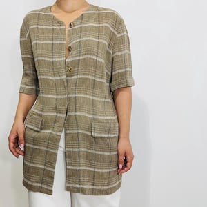 Vintage beige plaid linen overshirt – short sleeve button-up top with patch pockets – size M