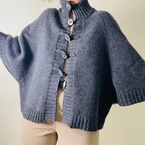 vintage pure wool grey oversized cardigan, wool cape image 1