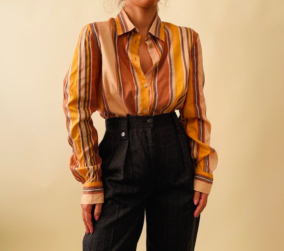 Vintage Etro pure silk striped yellow blouse, but… - image 2