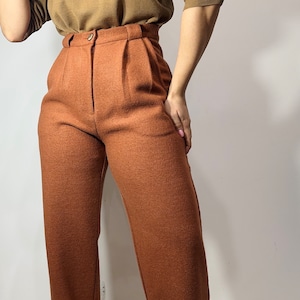 thick wool straight leg pleated trousers/ high waisted office pants/ wool brown suit pants