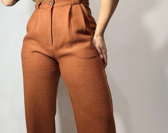 thick wool straight leg pleated trousers/ high waisted office pants/ wool brown suit pants