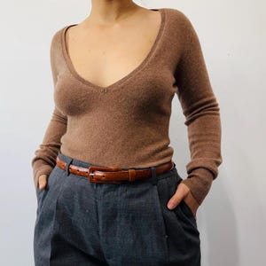 pure cashmere caramel deep V sweater/ cashmere jumper