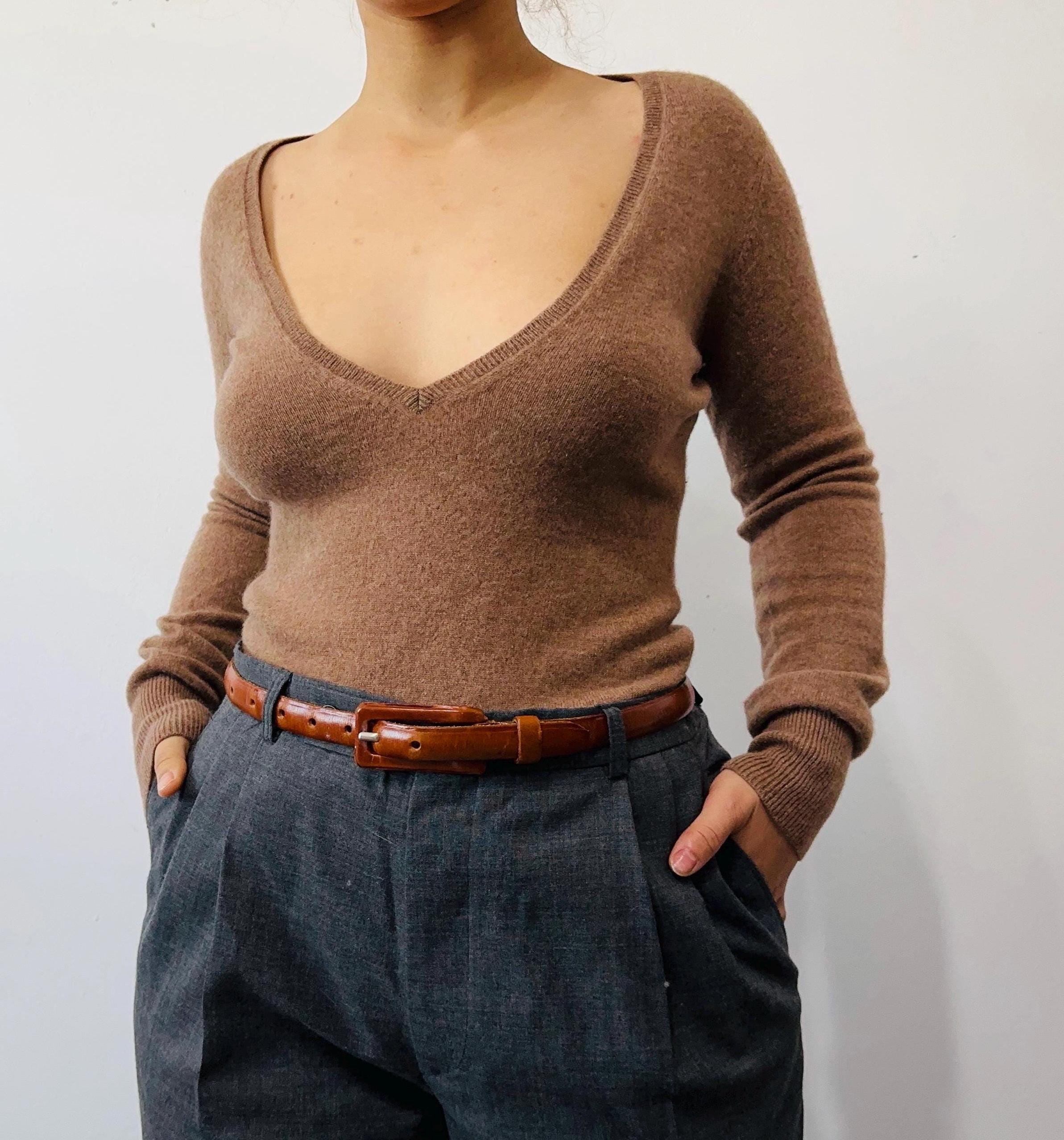 pure cashmere caramel deep V sweater/ cashmere jumper
