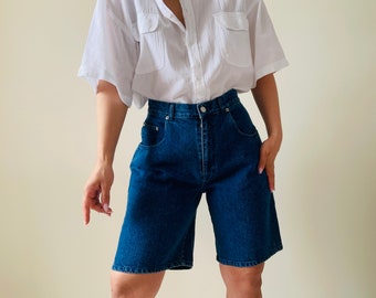 vintage high waisted shorts, dark wash wide leg shorts