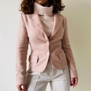 Vintage blush pink wool fitted blazer – minimalist tailored jacket with front pockets – size XS