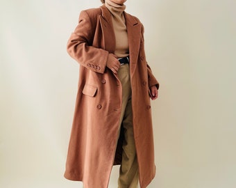 vintage wool brown coat, oversized  double breasted maxi coat