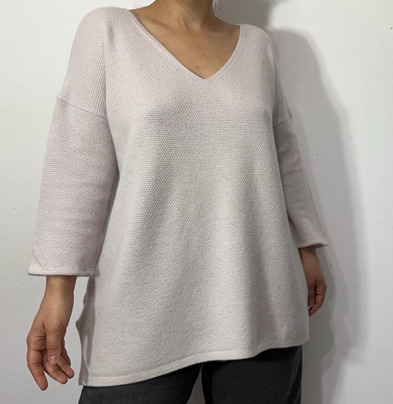 Vintage  beige merino wool sweater – textured knit blouse, relaxed fit – size L