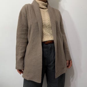 Vintage beige cashmere cardigan – medium-weight knit, open front, shawl collar – size M