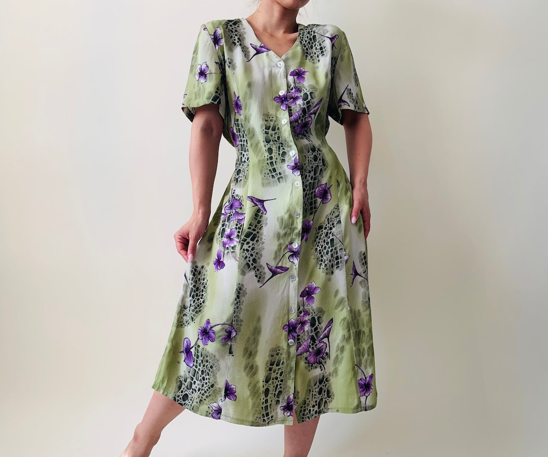 Vintage Green Button Down Dress With Purple Floral Pattern Etsy