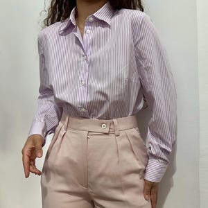 Vintage lilac striped cotton blouse – long sleeve preppy classic shirt – size M