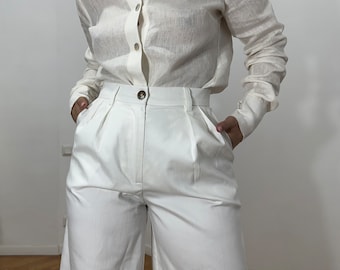 katoenen broek met hoge taille/ crram wit beige broek met wijde pijpen/ lente zomer witte broek/ geplooide broek/ witte pakbroek