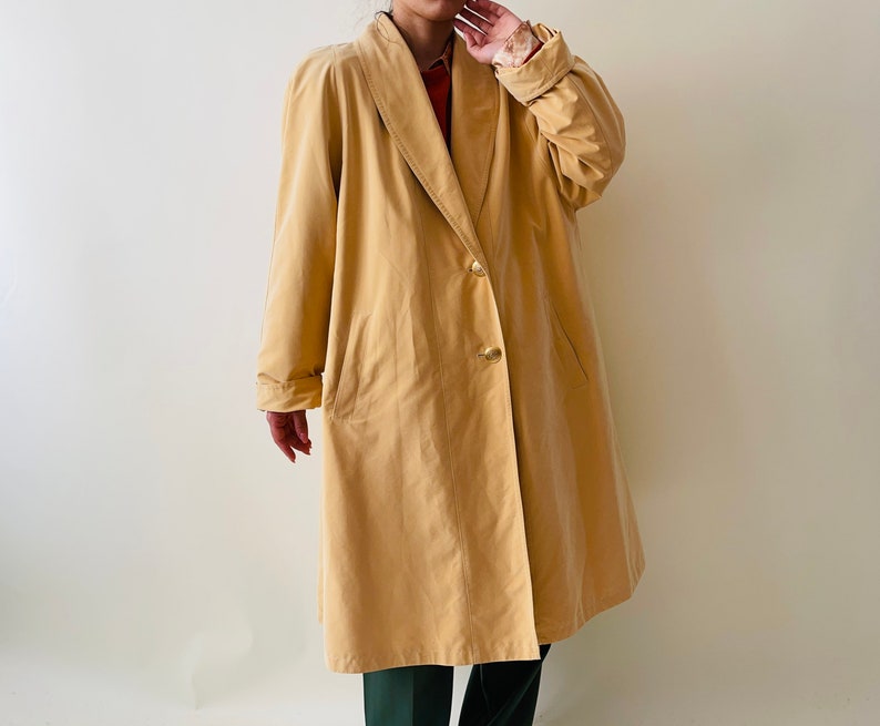 vintage light yellow oversized trench coat, minimalist spring coat image 3